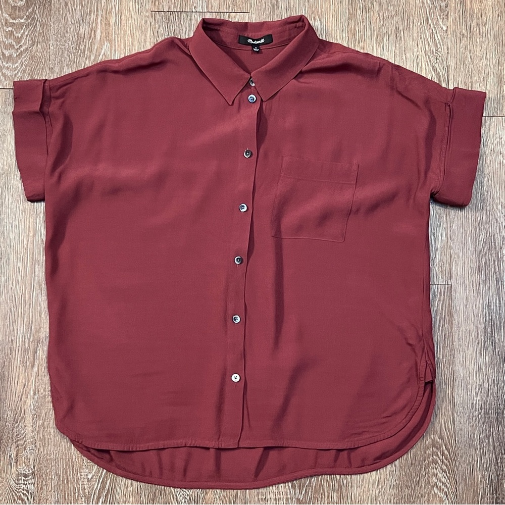 Madewell Oversized Brick Red Button-Up Cap Sleeve Boxy Viscose | Size: M